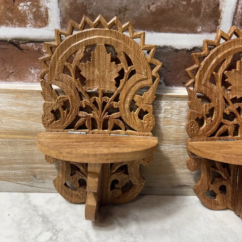Vintage Pair (2) Hand Carved Wooden Folding Wall Shelf Maple Leaf Carving